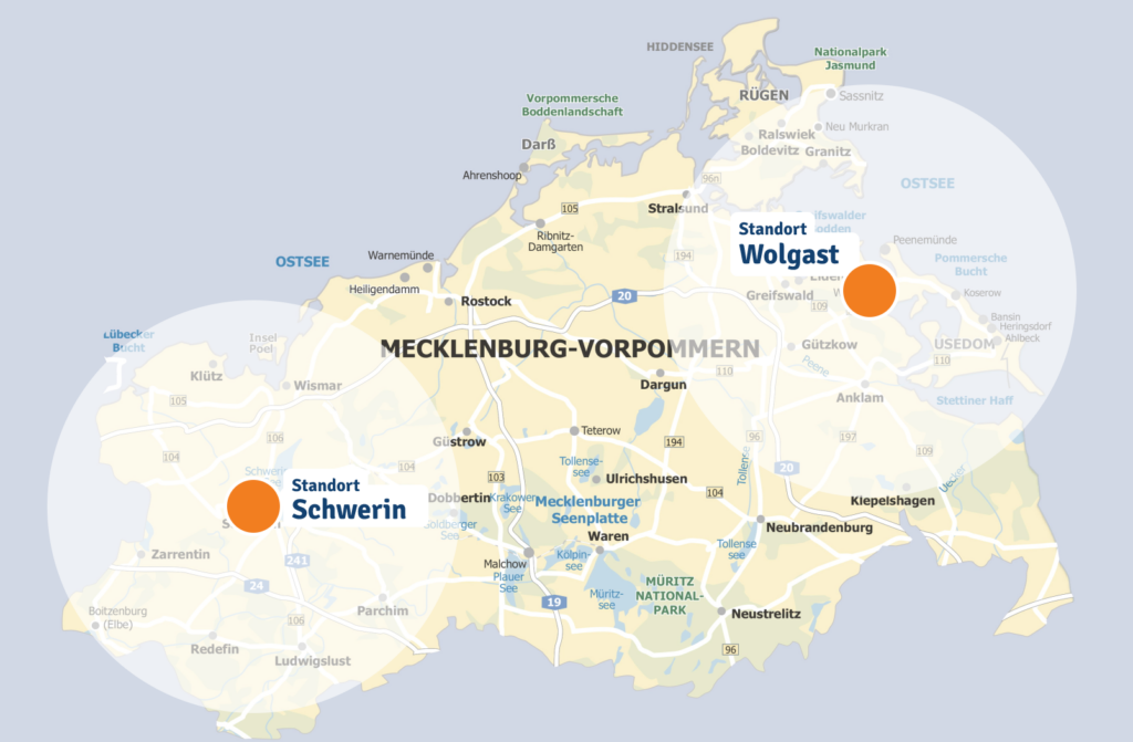 Bild zeigt Landkarte von MV mit eingekreisten Standorten Wolgast und Schwerin